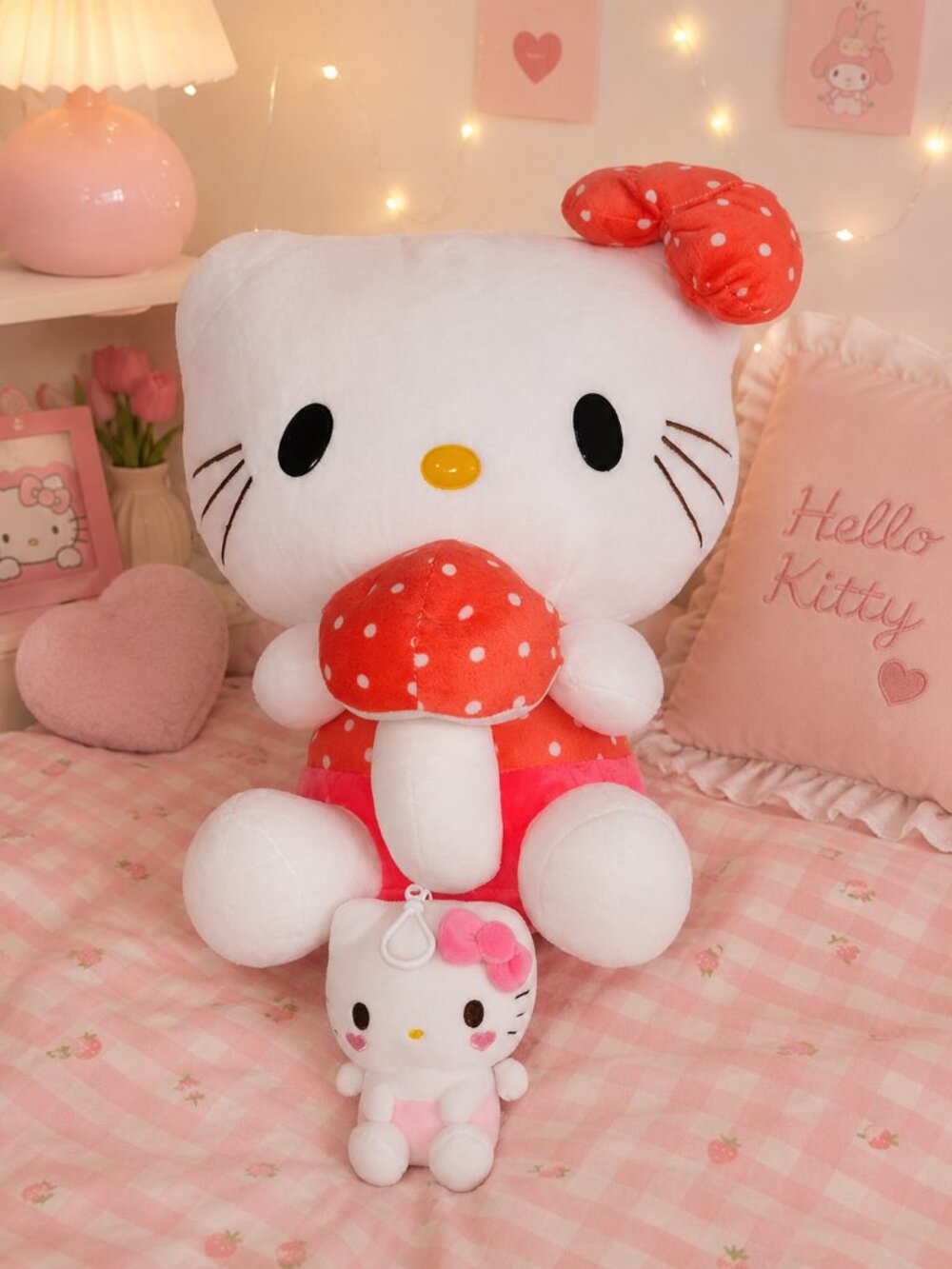 Large Hello Kitty Mushroom Plush With Keychain Plush Bundle